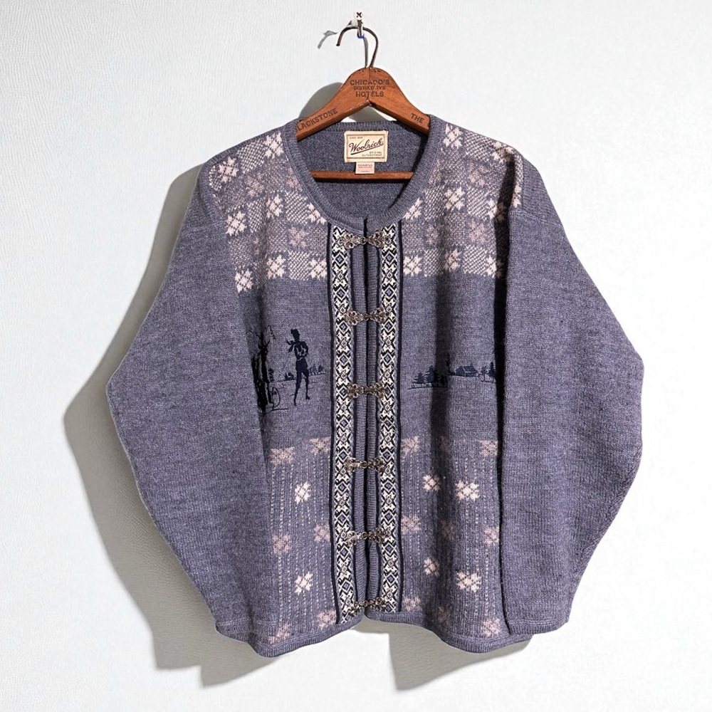 Vtg Woolrich Women's Nordic Ski sweater Metal Hooks Cardigan Sleigh Blue Size L